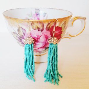 Turquoise Beaded Fringe Earrings with Rhinestones